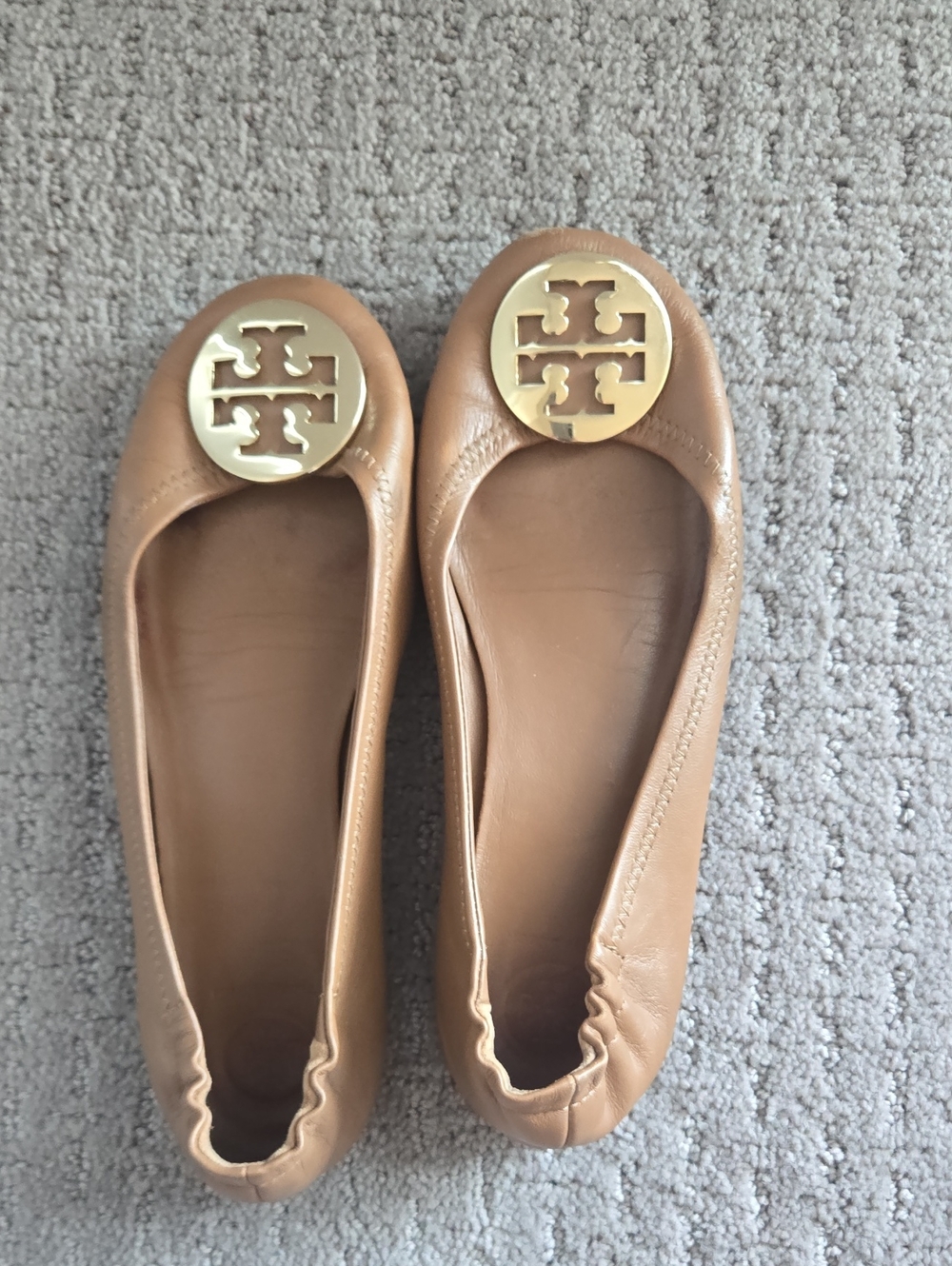 Tory Burch Camel Leather Logo Ballet Flats with Gold Medallion